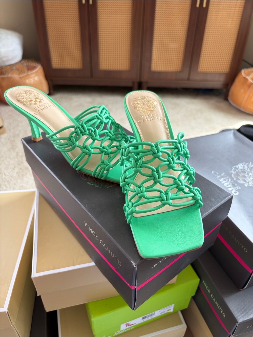 Vince Camuto Bright Green Knotted Slide Heels